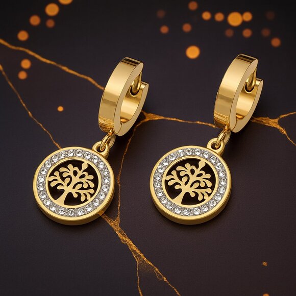 🆕 Tree Of Life 18K Gold Plated Stainless Steel Huggie Daingy Earrings Zirconia - Picture 1 of 9